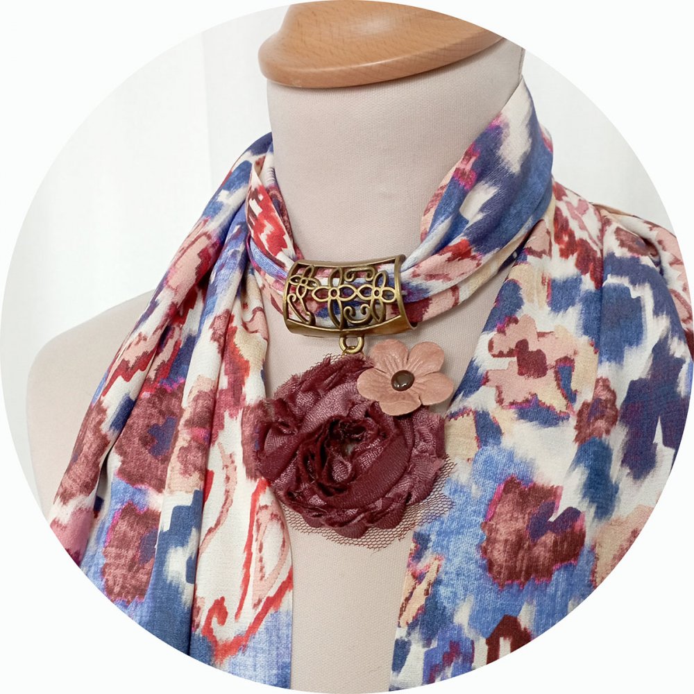 Etole foulard en viscose beige bleu rose et bijou argent--2226862548018