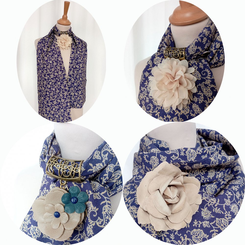 Etole foulard en viscose bleue à fleurs beiges et bijou argent--2226862544768