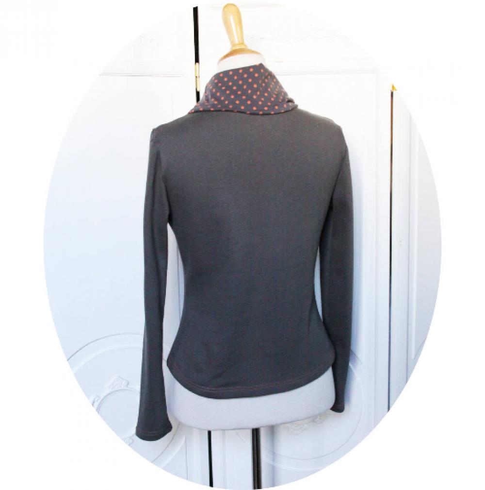 Haut sweatshirt cintré marron taupe à manches longues et col boule en maille coton molleton et jersey de coton à pois corail--9995679718770