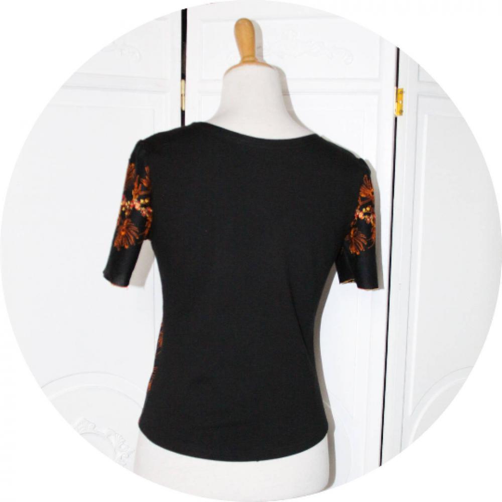 Haut tshirt à manches courtes en maille jersey de coton noir et tissu noir brodé rouge orange--9995683172582