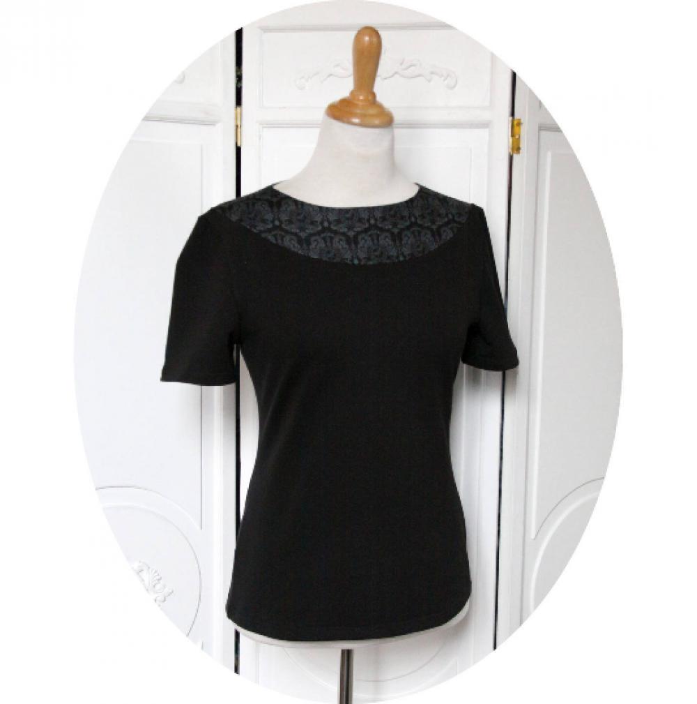 Haut tshirt noir col arrondi à motif horloges en jersey de coton noir à manches courtes--9995679692582