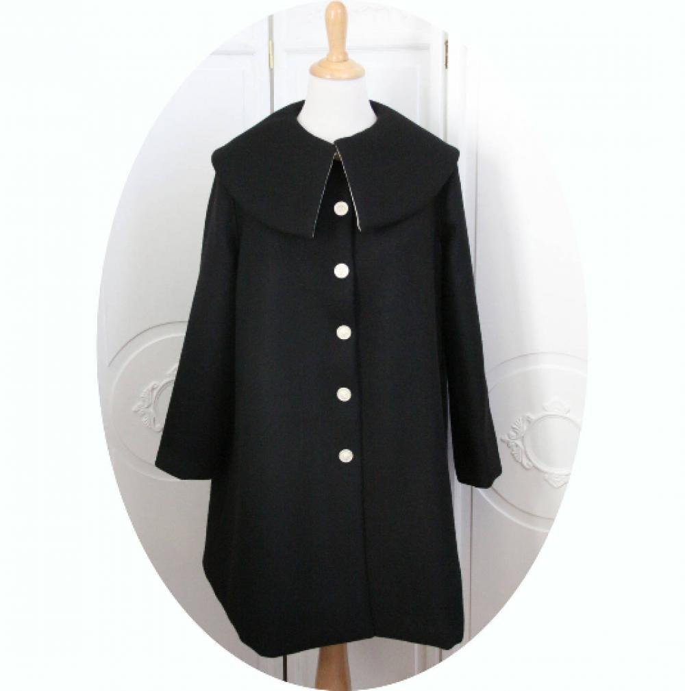 Manteau d'hiver simple de forme trapeze en laine noire à grand col--9995823914102