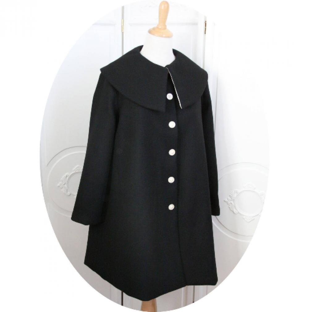 Manteau d'hiver simple de forme trapeze en laine noire à grand col--9995823914102