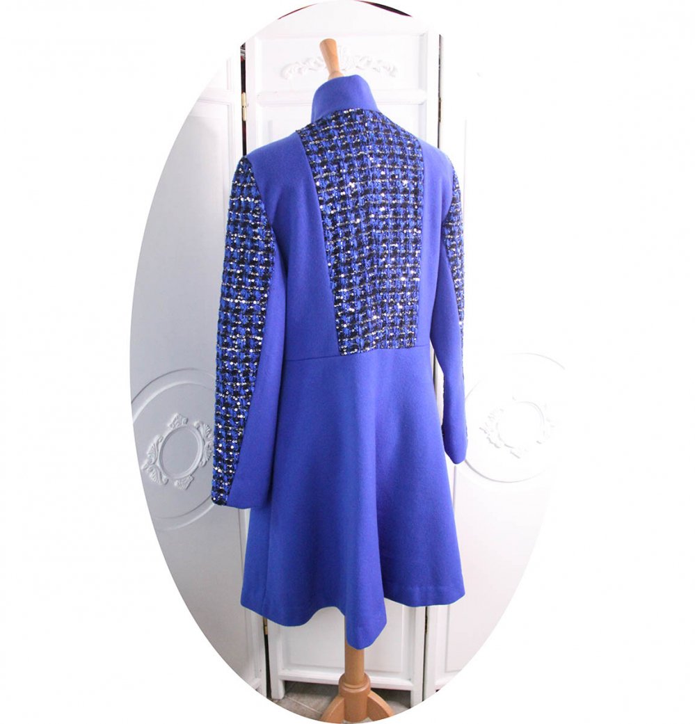 Manteau Spencer de forme trapèze en laine bleu roi et tweed paillettes--2226735335479