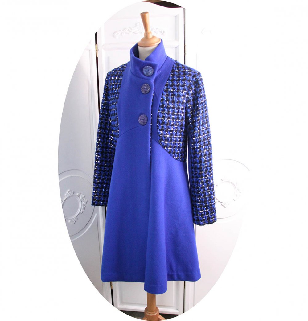 Manteau Spencer de forme trapèze en laine bleu roi et tweed paillettes--2226735335479
