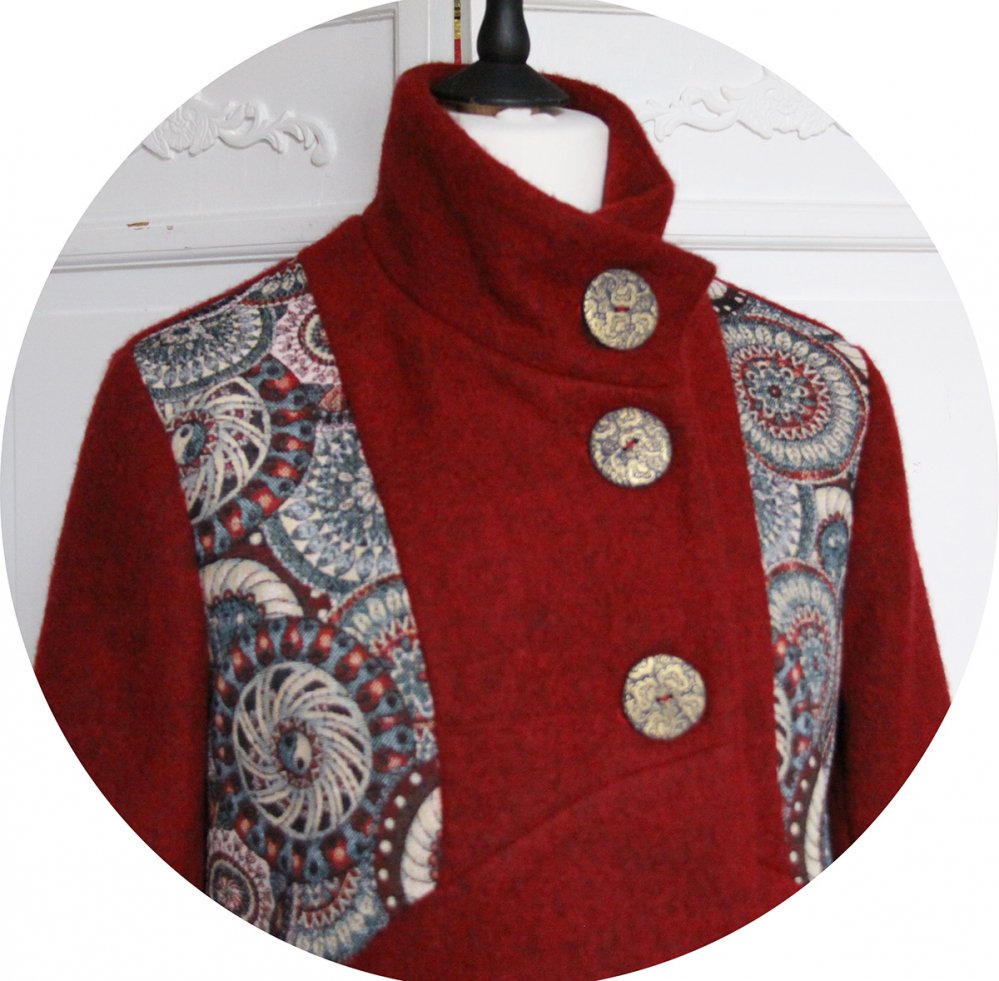 Manteau Spencer de forme trapèze en laine bordeaux et motif bleu rouge--2226414118454