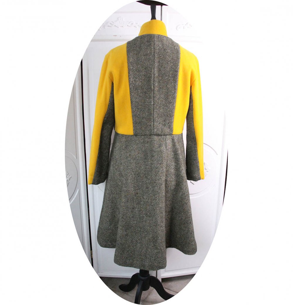Manteau Spencer de forme trapèze en lin et laine kaki et moutarde--2226735344006