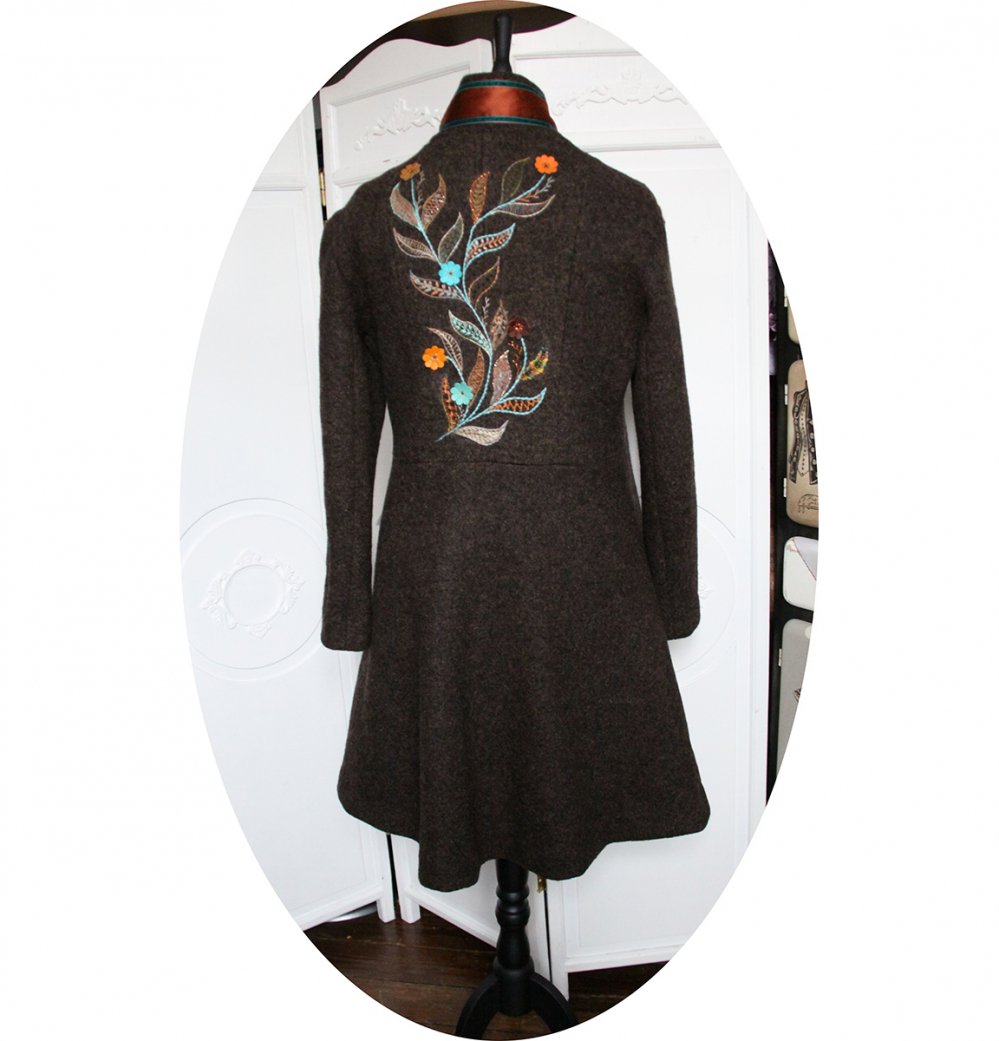 Manteau Spencer de forme trapèze en laine marron chiné brodé à la main--2226414112988