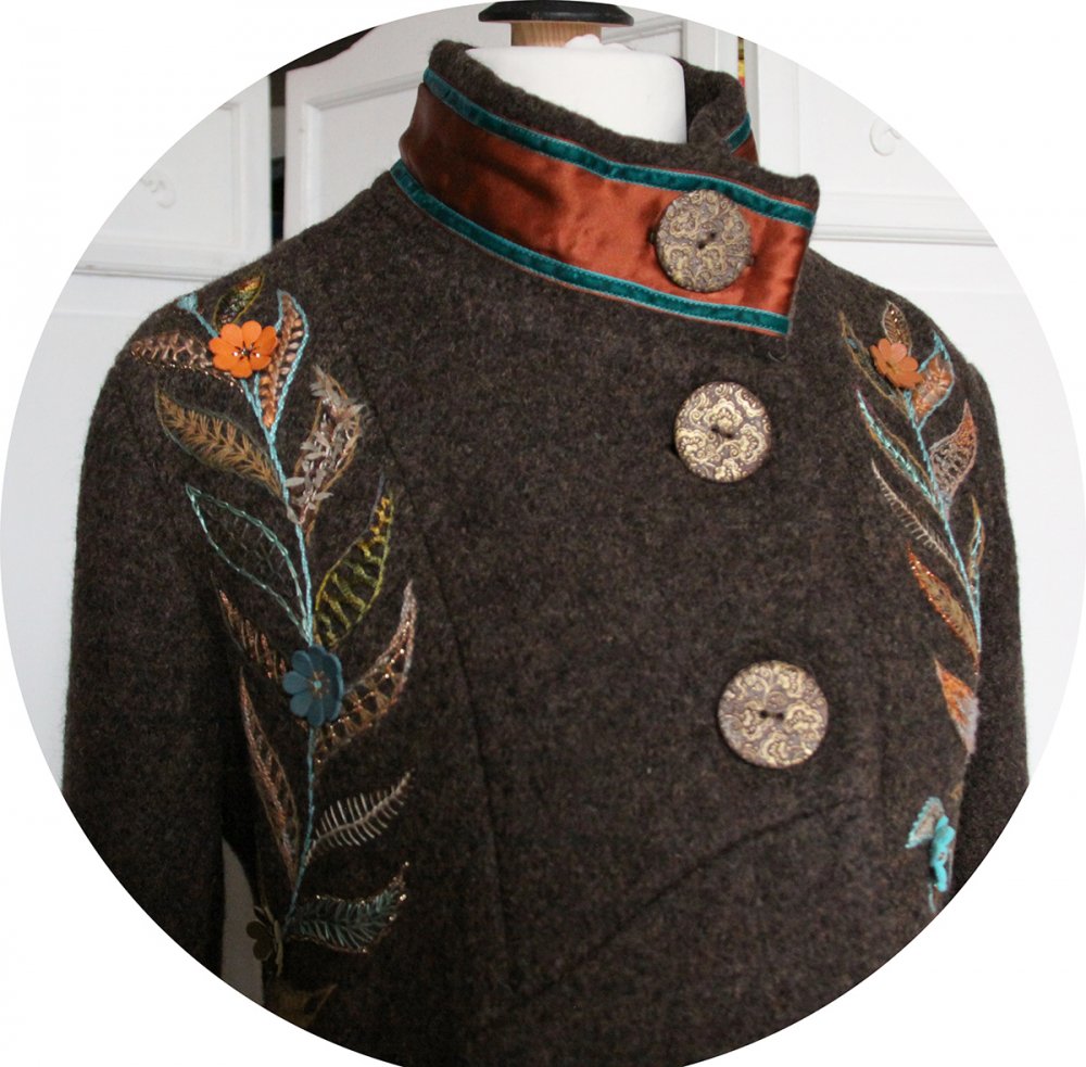Manteau Spencer de forme trapèze en laine marron chiné brodé à la main--2226414112988