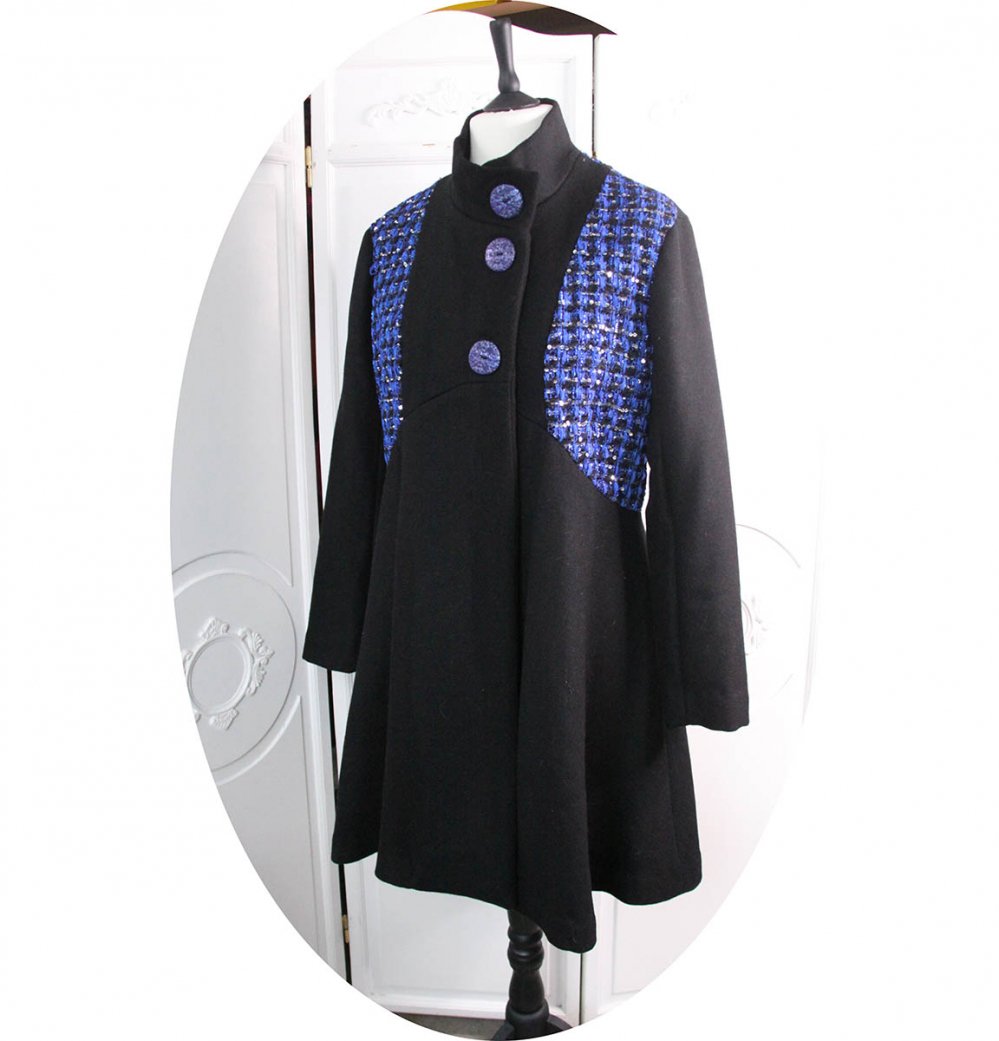 Manteau Spencer de forme trapèze en laine noire et tweed paillettes--2226735338678