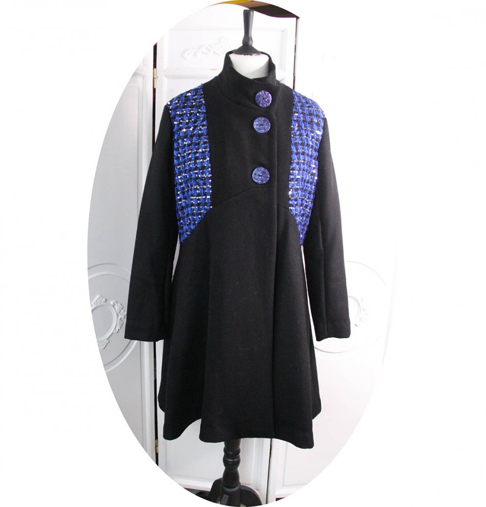 Manteau Spencer de forme trapèze en laine noire et tweed paillettes--2226735338678
