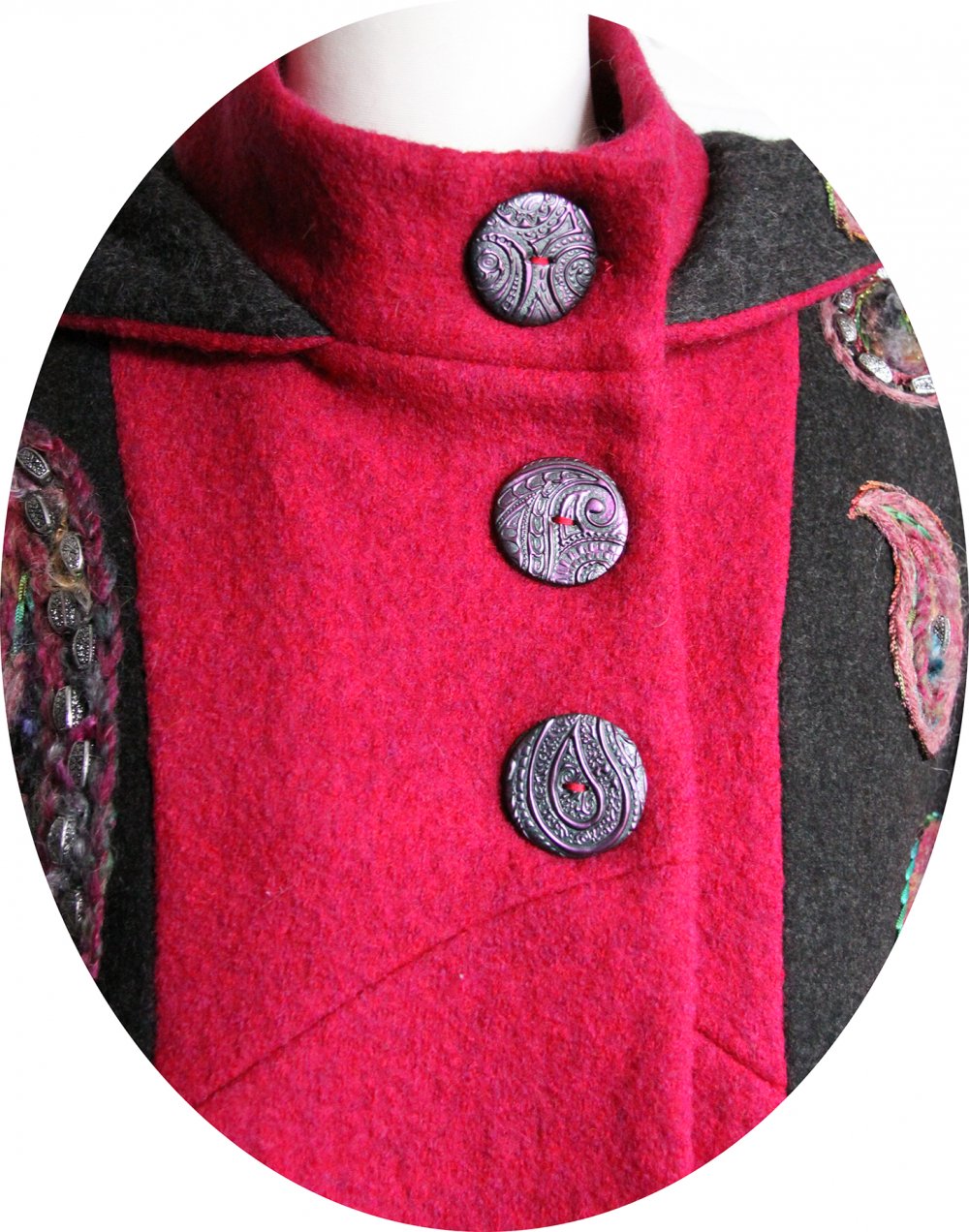 Manteau Spencer de forme trapèze en laine rose et gris foncé brodé à la main--9996112185937