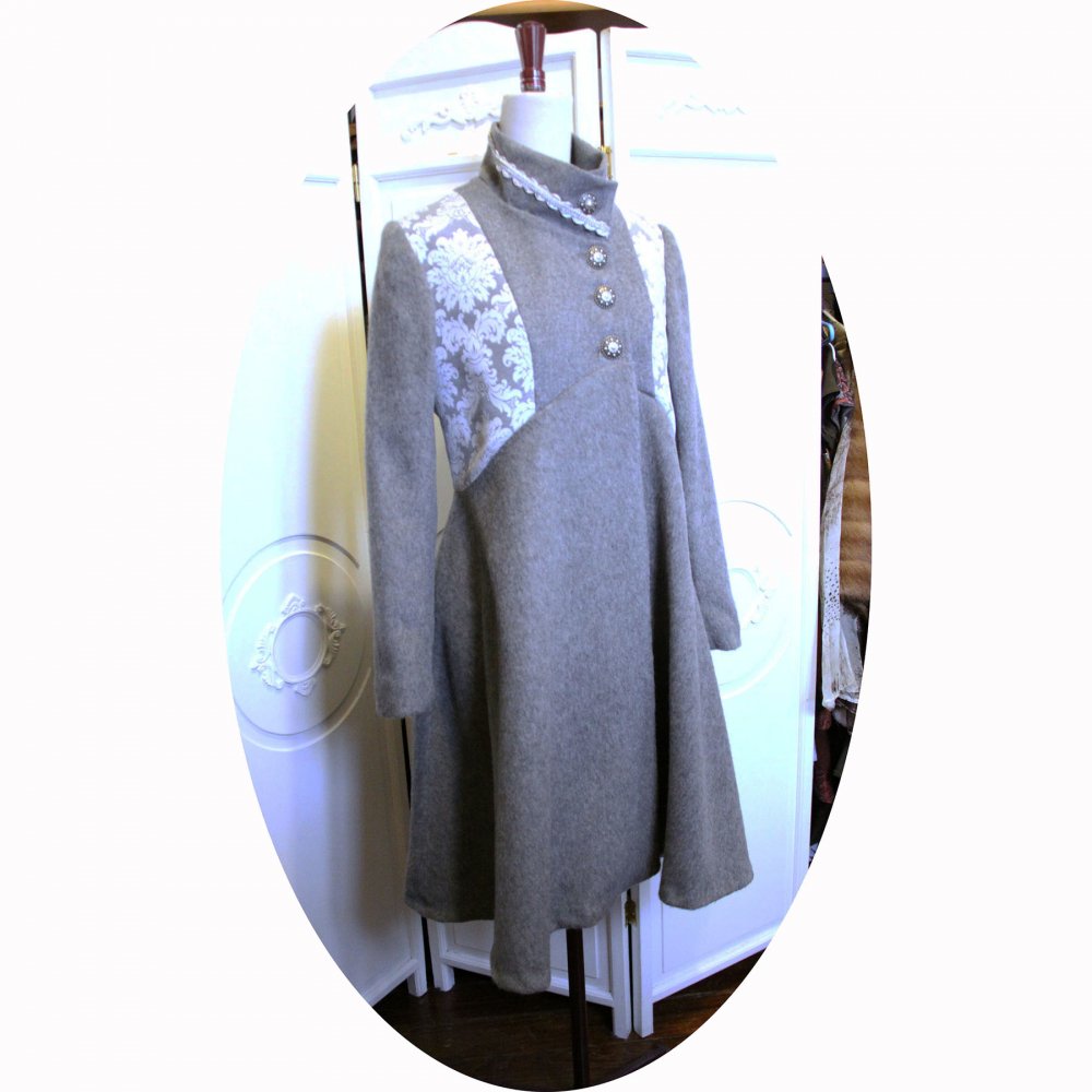 Manteau Spencer de forme trapèze en velours de laine et mohair gris perle et motif baroque--9995833097833
