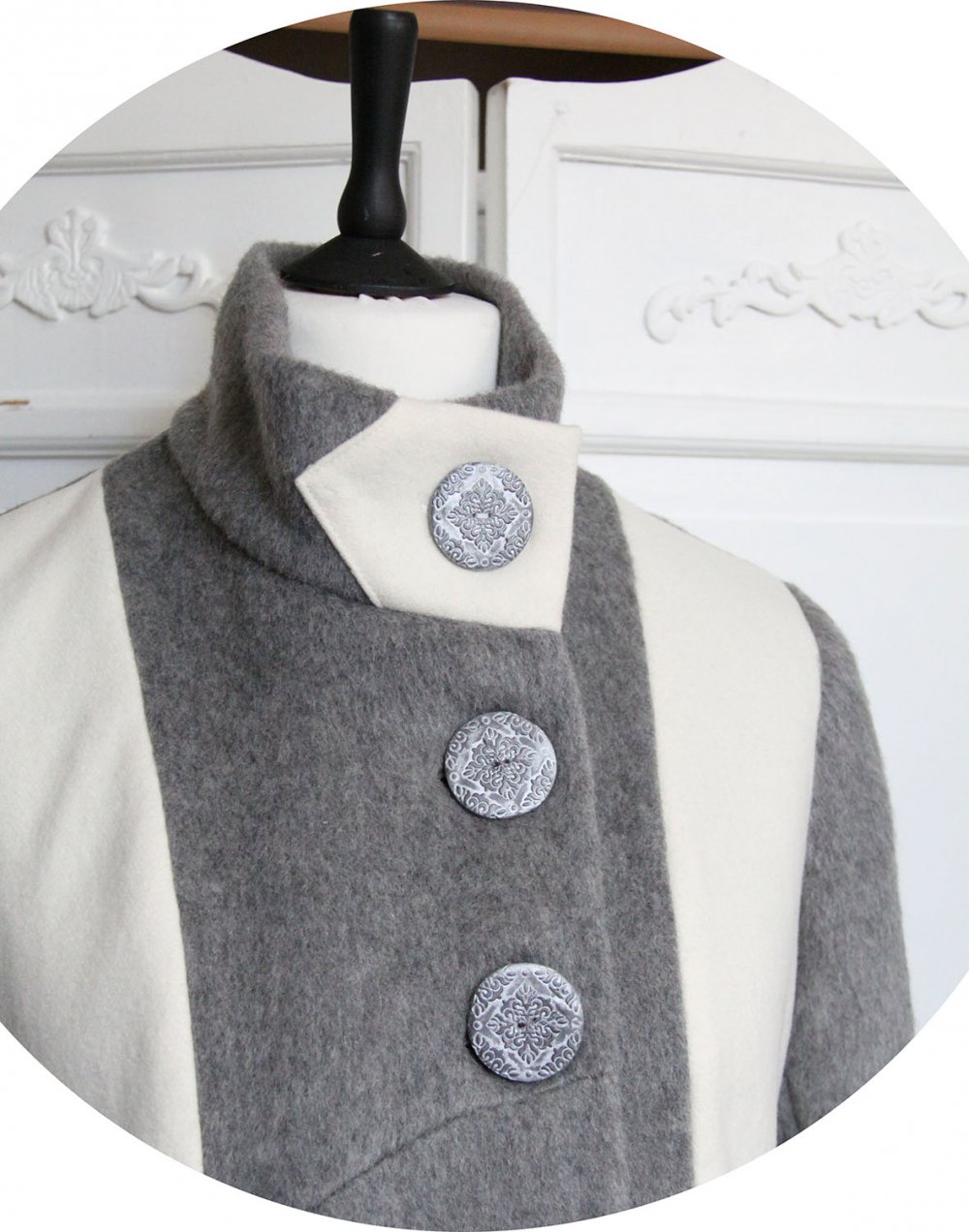 Manteau Spencer de forme trapèze en velours de laine et mohair gris perle et motif loup--9996030045238