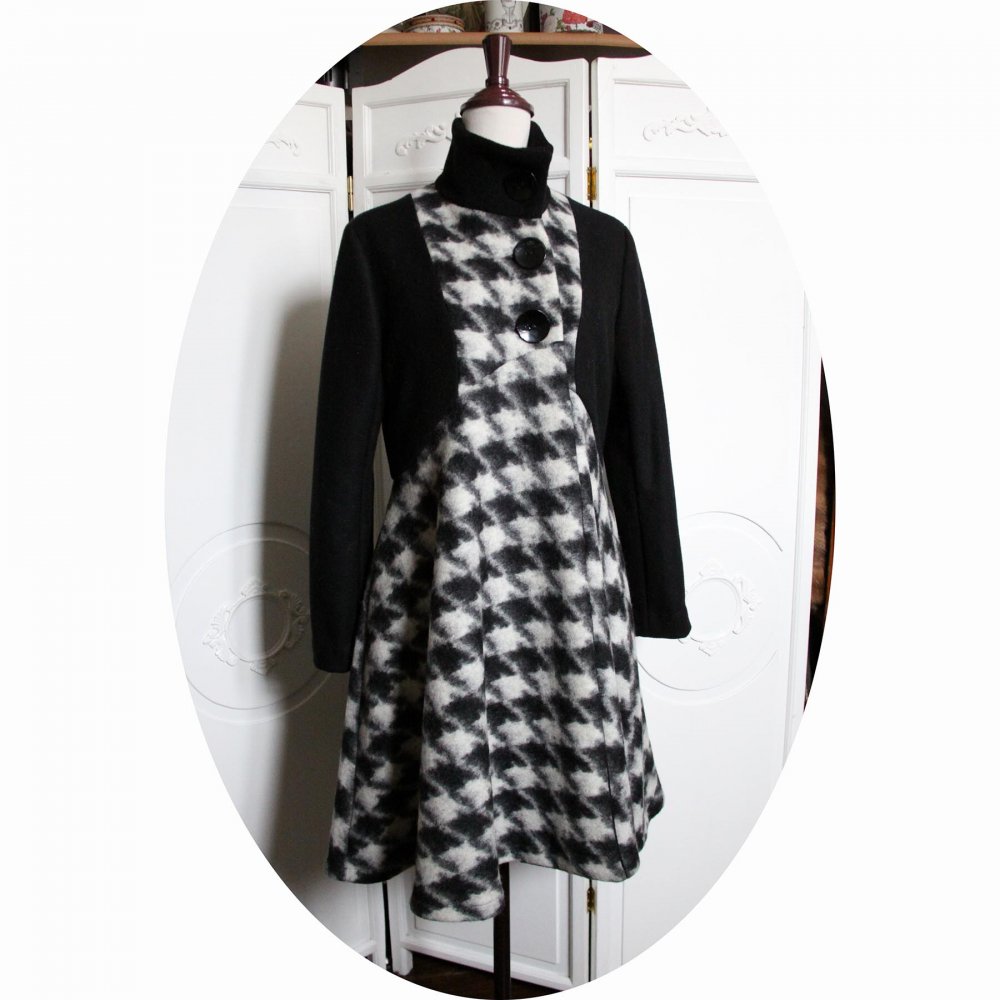 Manteau Spencer de forme trapèze en velours de laine noire et laine bouillie pied de coq avec un col montant--9995731610622