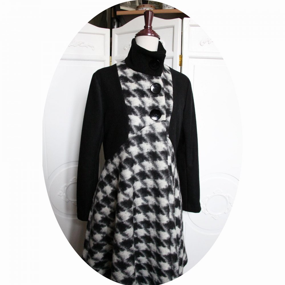 Manteau Spencer de forme trapèze en velours de laine noire et laine bouillie pied de coq avec un col montant--9995731610622