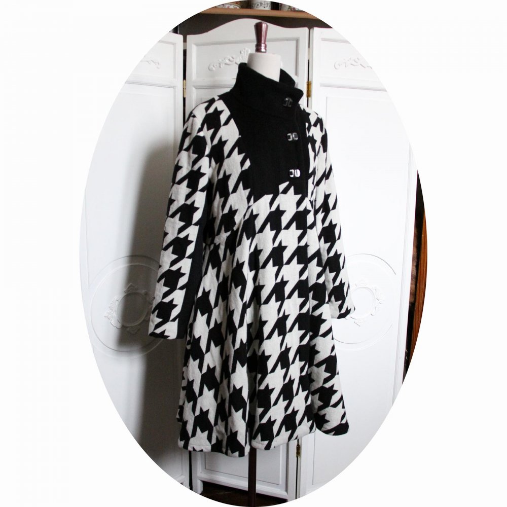 Manteau Spencer de forme trapèze en velours de laine noire et laine pied de coq noir et blanc avec un col montant--9995731615740