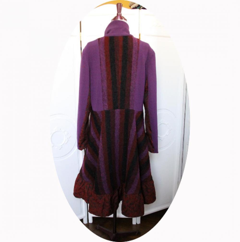Manteau Spencer trapeze long et ample en laine et brocard mauve et rouge--9995983699420