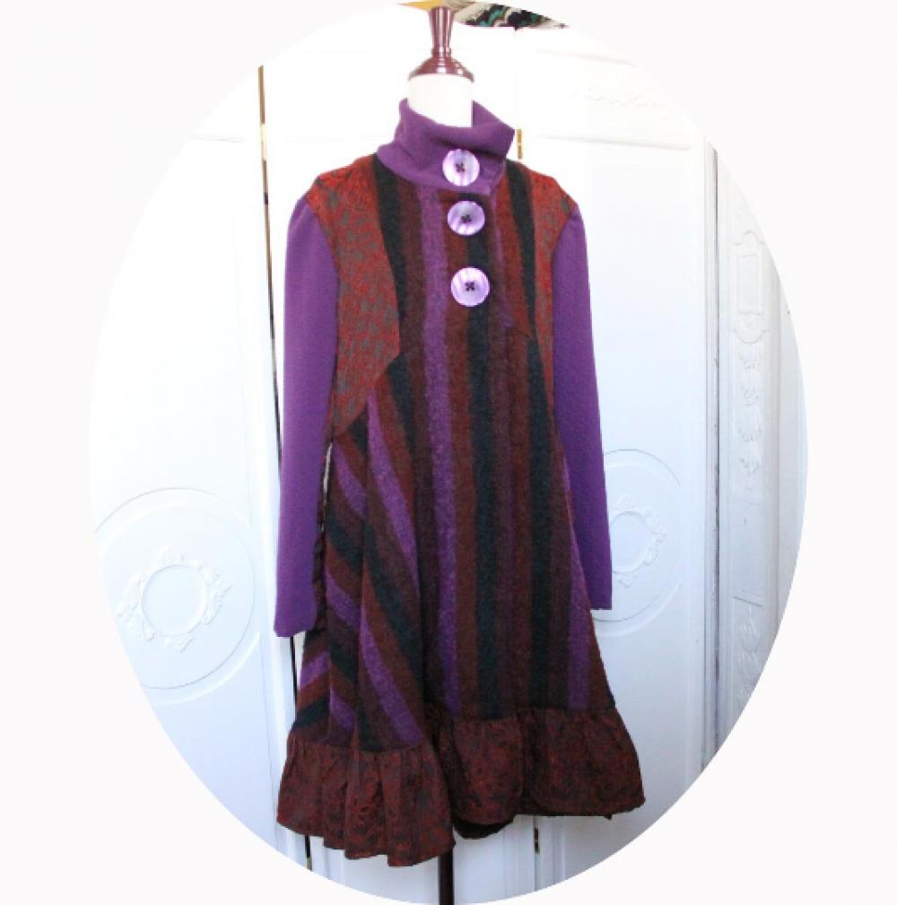 Manteau Spencer trapeze long et ample en laine et brocard mauve et rouge--9995983699420