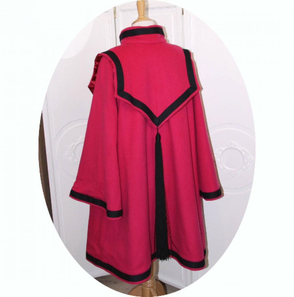 Manteau trapeze long en laine rose fuchsia brandebourgs et galon passementerie noirs--9995983649425