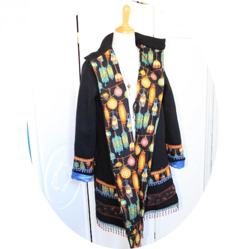 Manteau trapeze noir 'The Dreamcatcher' en laine et coton imprimé style indien--9995983720483