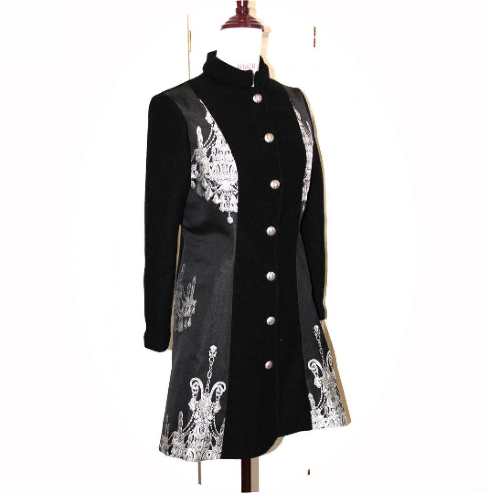 Manteau trois quart évasé en laine noire et motif chandelier baroque argent--9995983715137