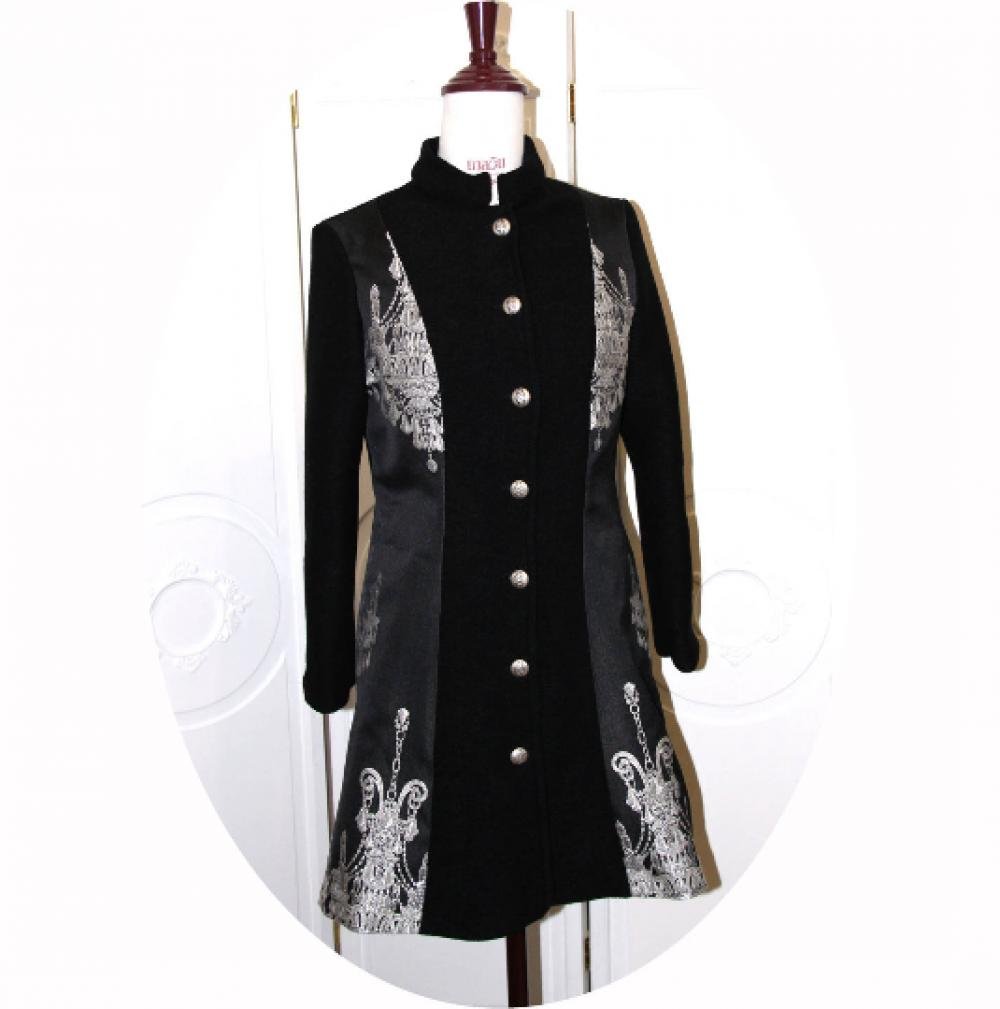 Manteau trois quart évasé en laine noire et motif chandelier baroque argent--9995983715137
