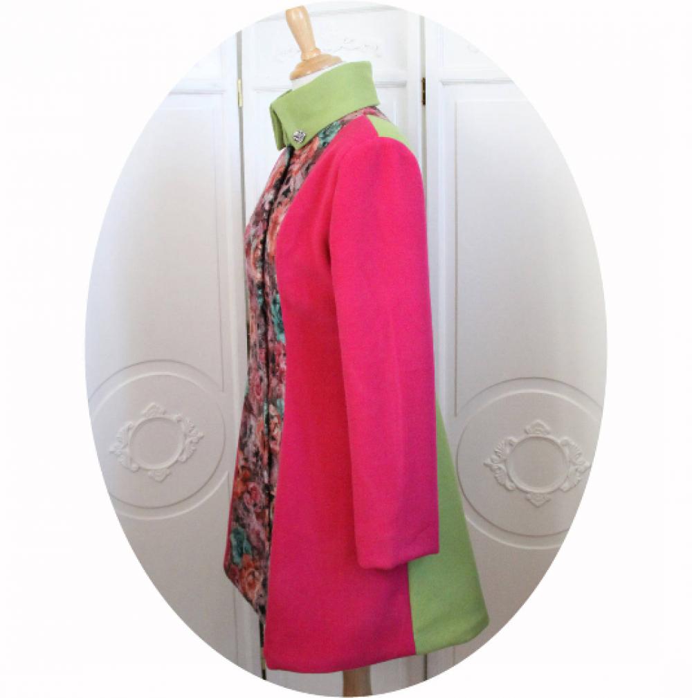 Manteau trois quart en laine rose fuchsia et vert anis, et imprime rose coloré--9995983741181
