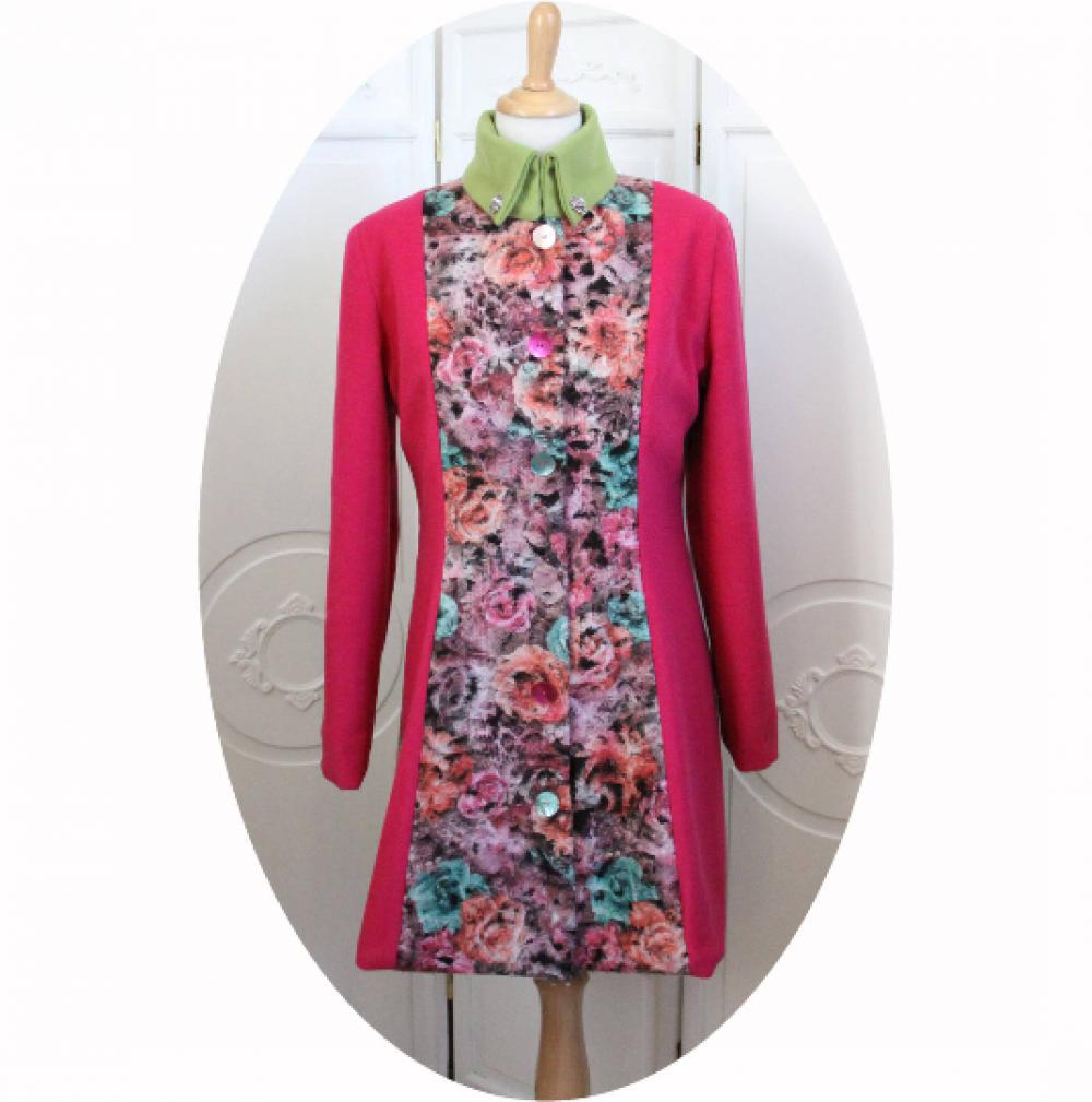 Manteau trois quart en laine rose fuchsia et vert anis, et imprime rose coloré--9995983741181