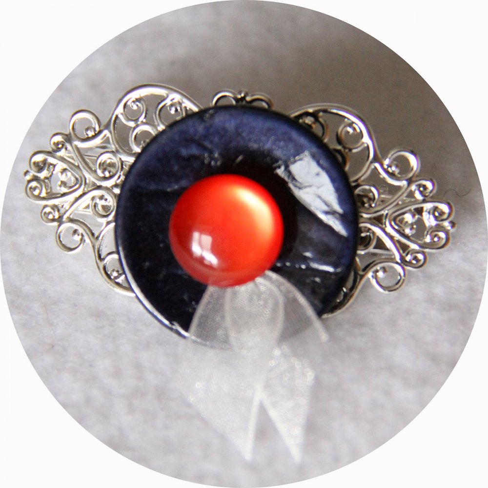 Petite barrette boutons bleu marine rouge et argent longueur 5cm--2226284307484