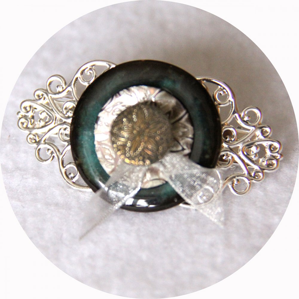 Petite barrette boutons nacre turquoise et argent longueur 5cm--2226284296696