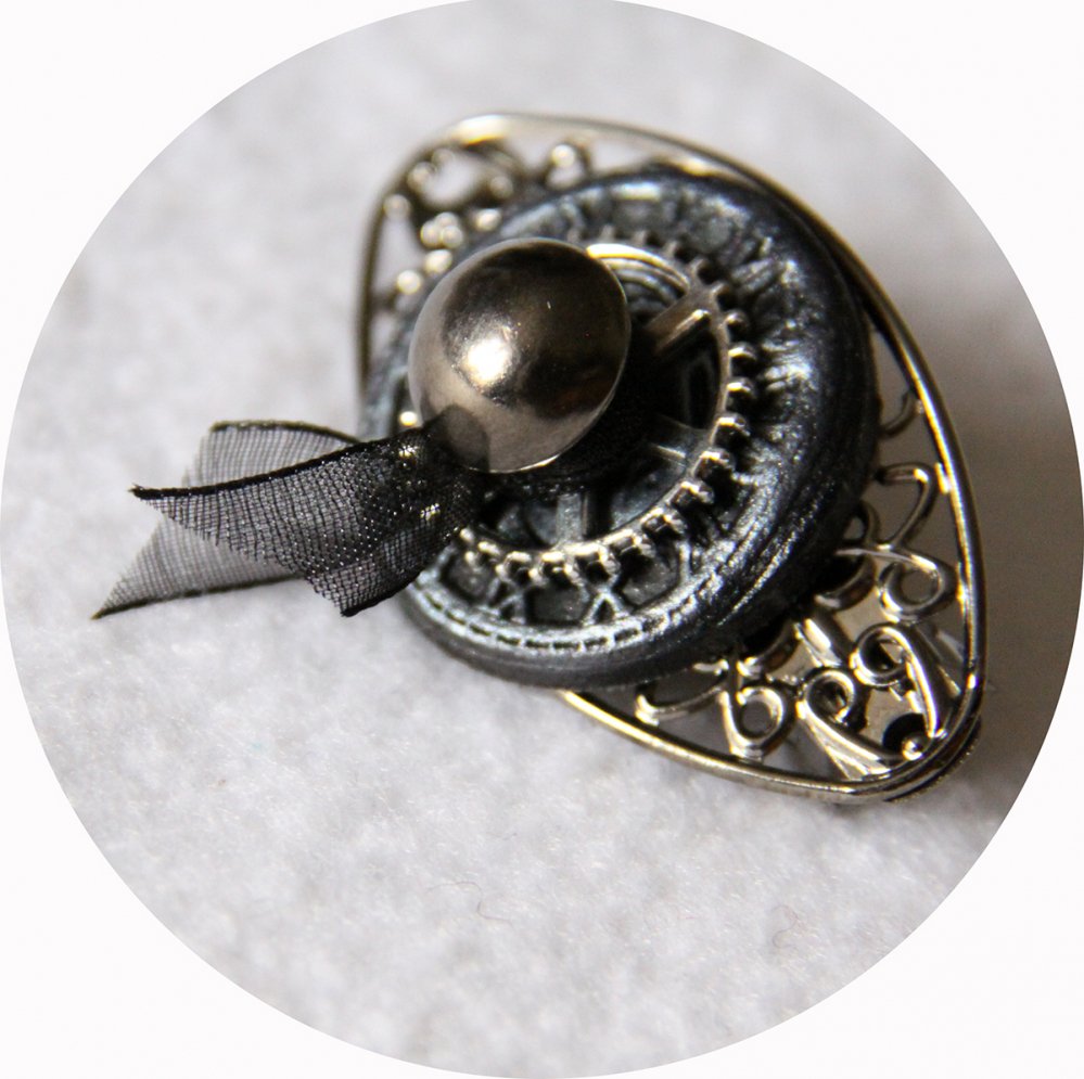 Petite barrette boutons noir argent et gunmetal steampunk longueur 5cm--2226284314376