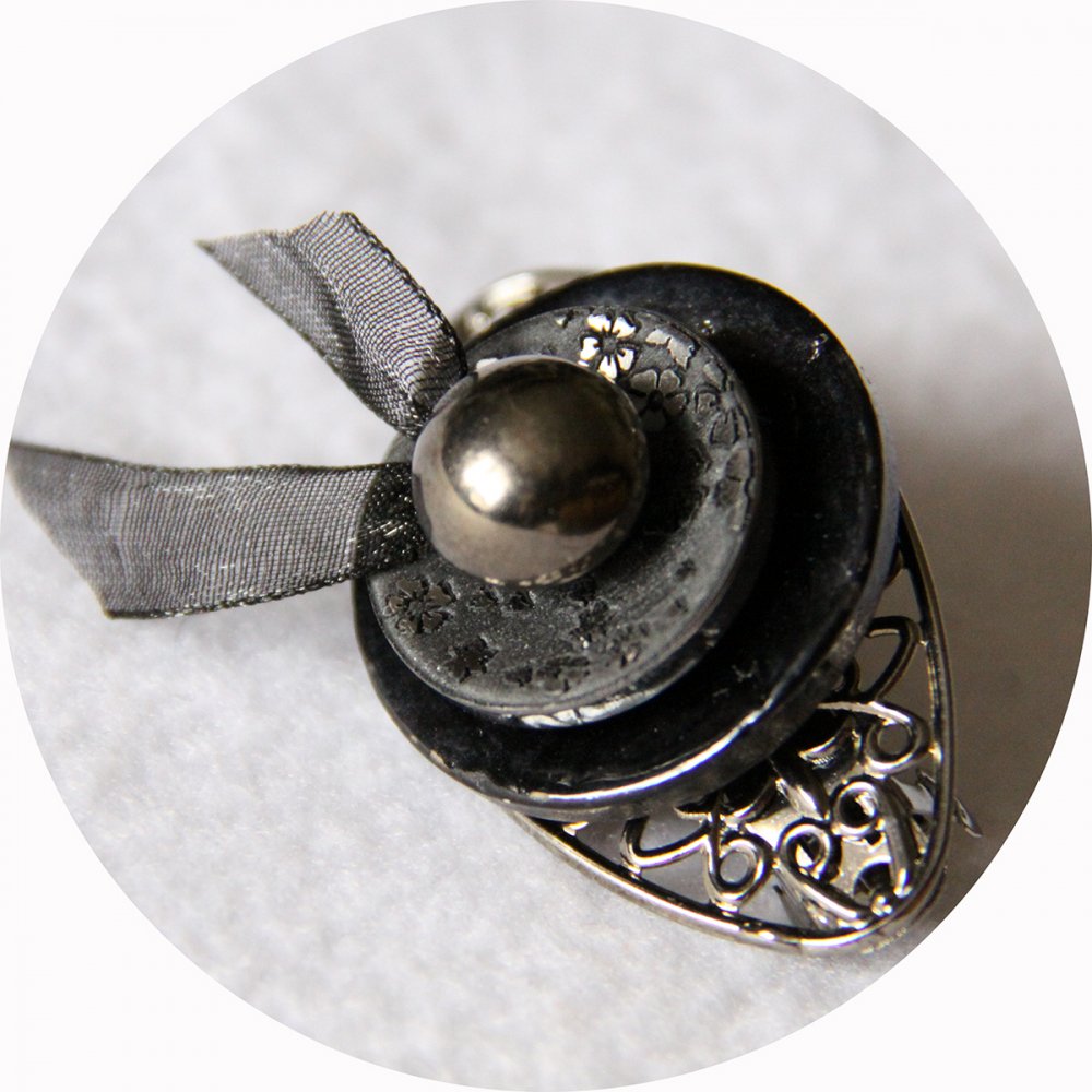Petite barrette boutons noir nacre argent et gunmetal longueur 5cm--2226284313270