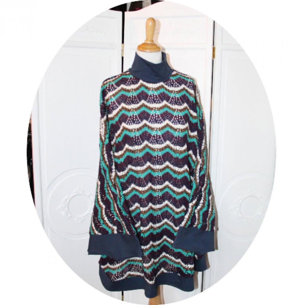 Poncho cape en maille coton ajourée bleu vert violet blanc motif vagues--9995983659134