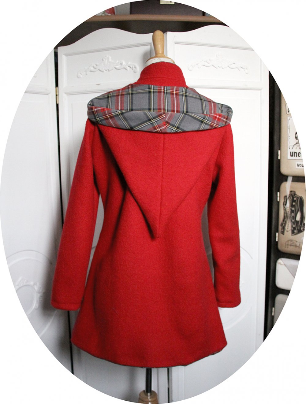 Veste croisée en laine bouillie rouge et tissu écossais gris--9996057703463