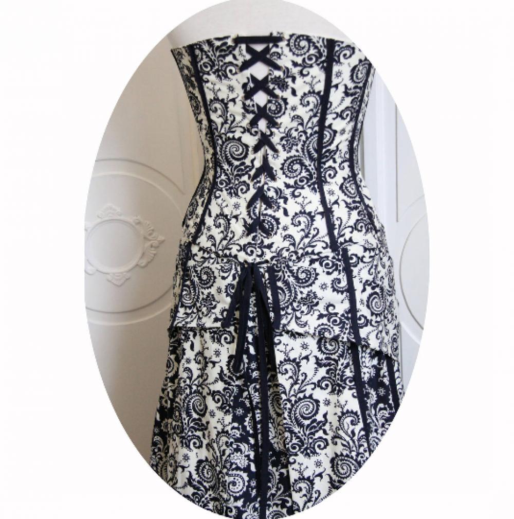 Robe Baroque composée d'un bustier style corset et d'une jupe longue en coton imprim bleu marine et blanc--9995541148773