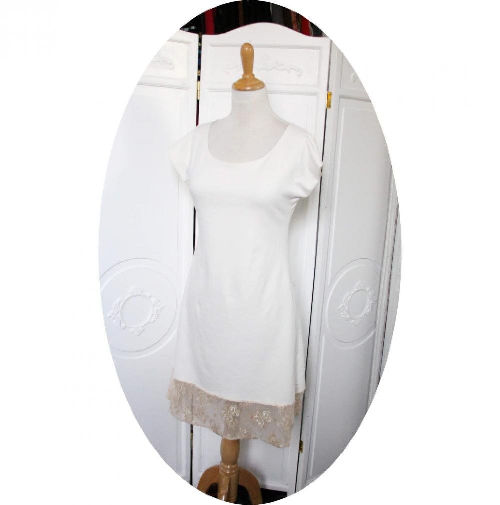 Robe P'tit Basique courte et trapeze avec petites manches reversible en maille ivoire et dentelle beige--9995552661667