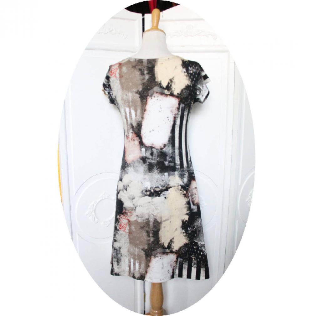 Robe courte en jersey de coton imprimé en coloris sable beige et noir à rayures noires et motif floral--9995541013712