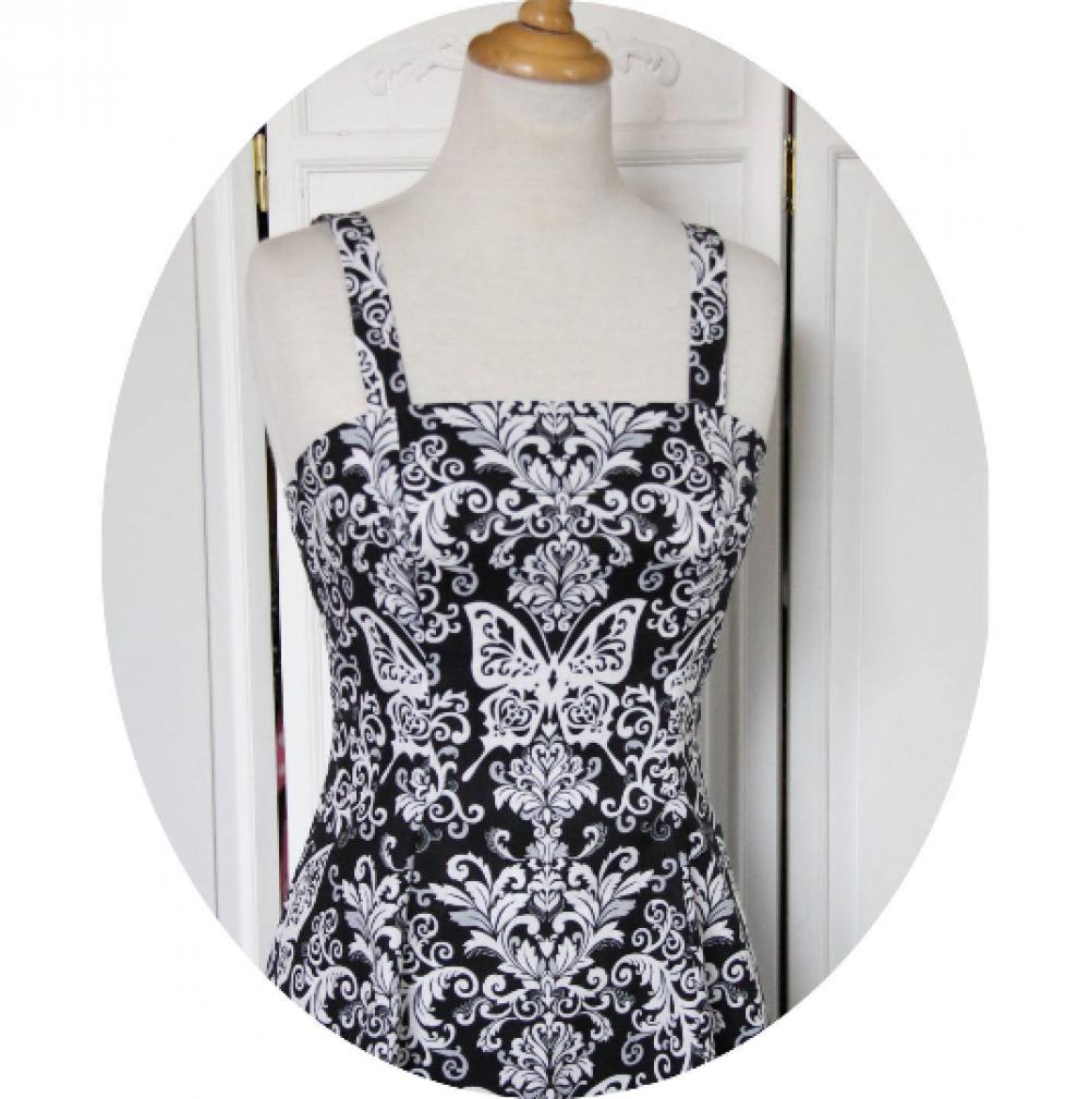 Robe dété Papillon Baroque robe cintrée et evasee sans manches à bretelles en coton imprimé noir et blanc--9995541097972