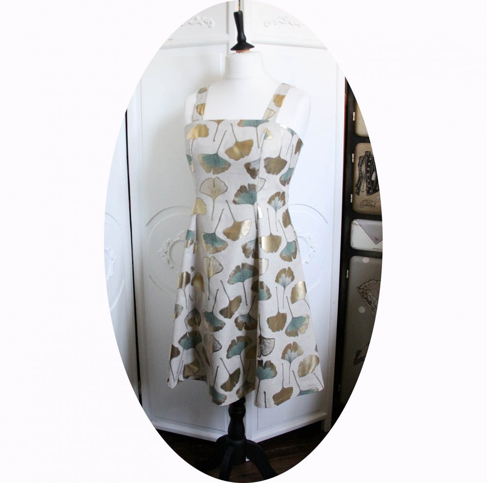 Robe d'été courte cintrée et évasée à bretelles en coton beige feuilles de Ginko vert sauge et or--9995905750222