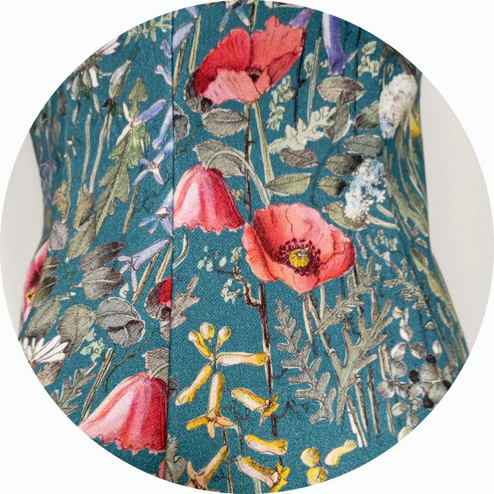 Robe d'été courte cintrée et évasée à bretelles en coton bleu imprimé fleurs colorées--2226844367163
