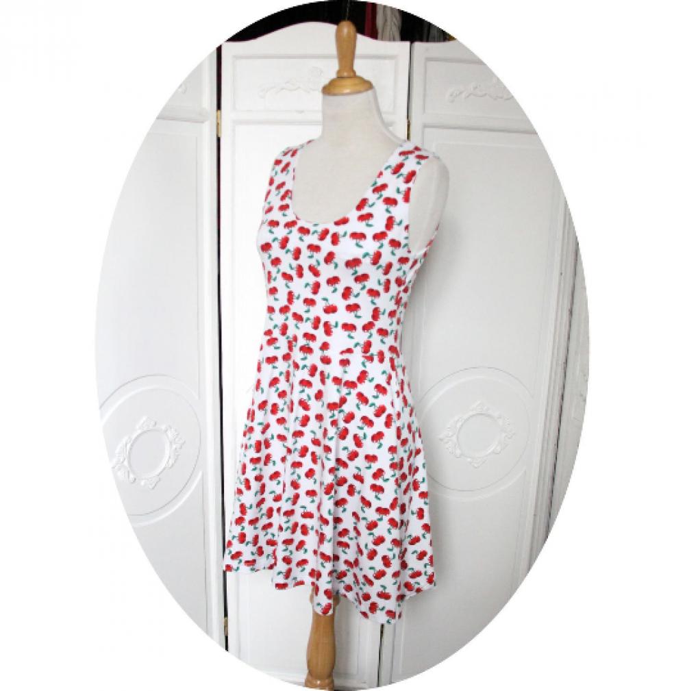 Robe d'été courte sans manche à dos nu en maille jersey stretch de coton blancs imprimé cerises rouges--9995553173374