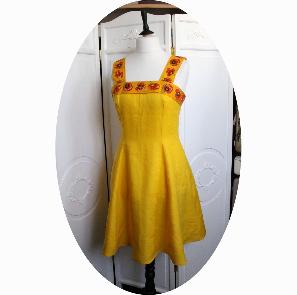 Robe pur lin jaune aec bandeau et bretelles coquelicot rouge--9995968667543