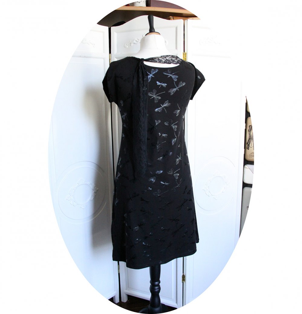 Robe noire courte trapeze Libellule en jersey noir et dentelle noire--2226246003928