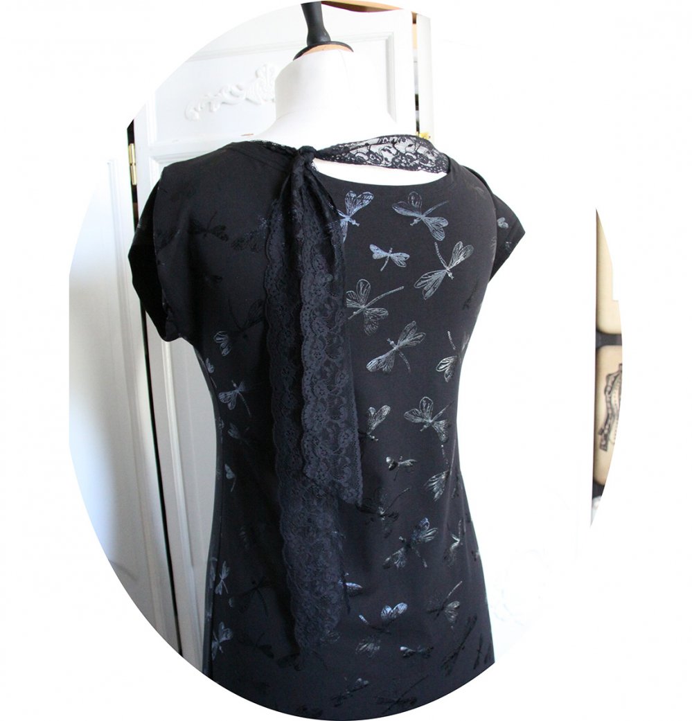 Robe noire courte trapeze Libellule en jersey noir et dentelle noire--2226246003928