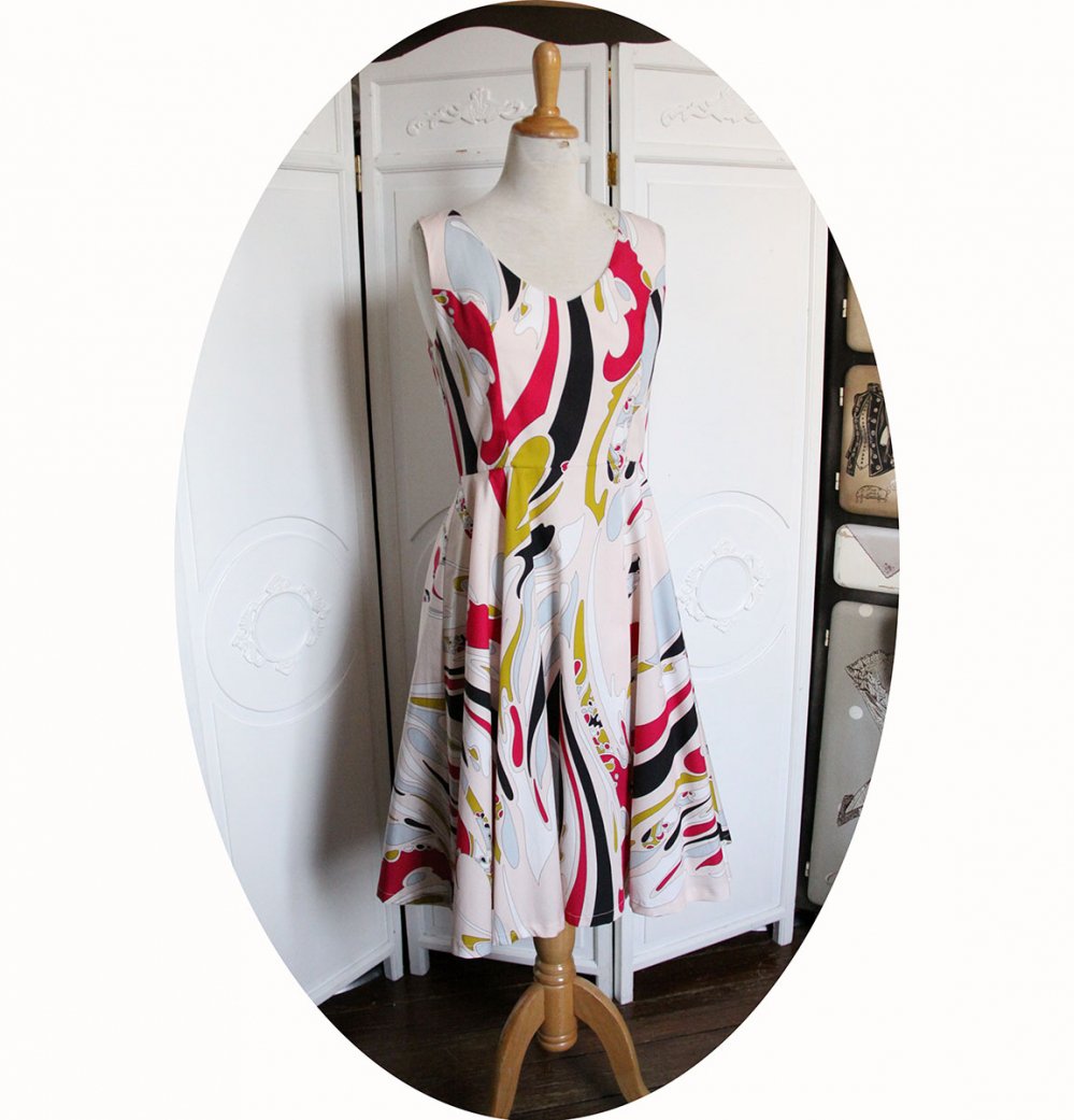 Robe rose colorée style fifties pin up sans manches a jupe corole en popeline--2226445725645