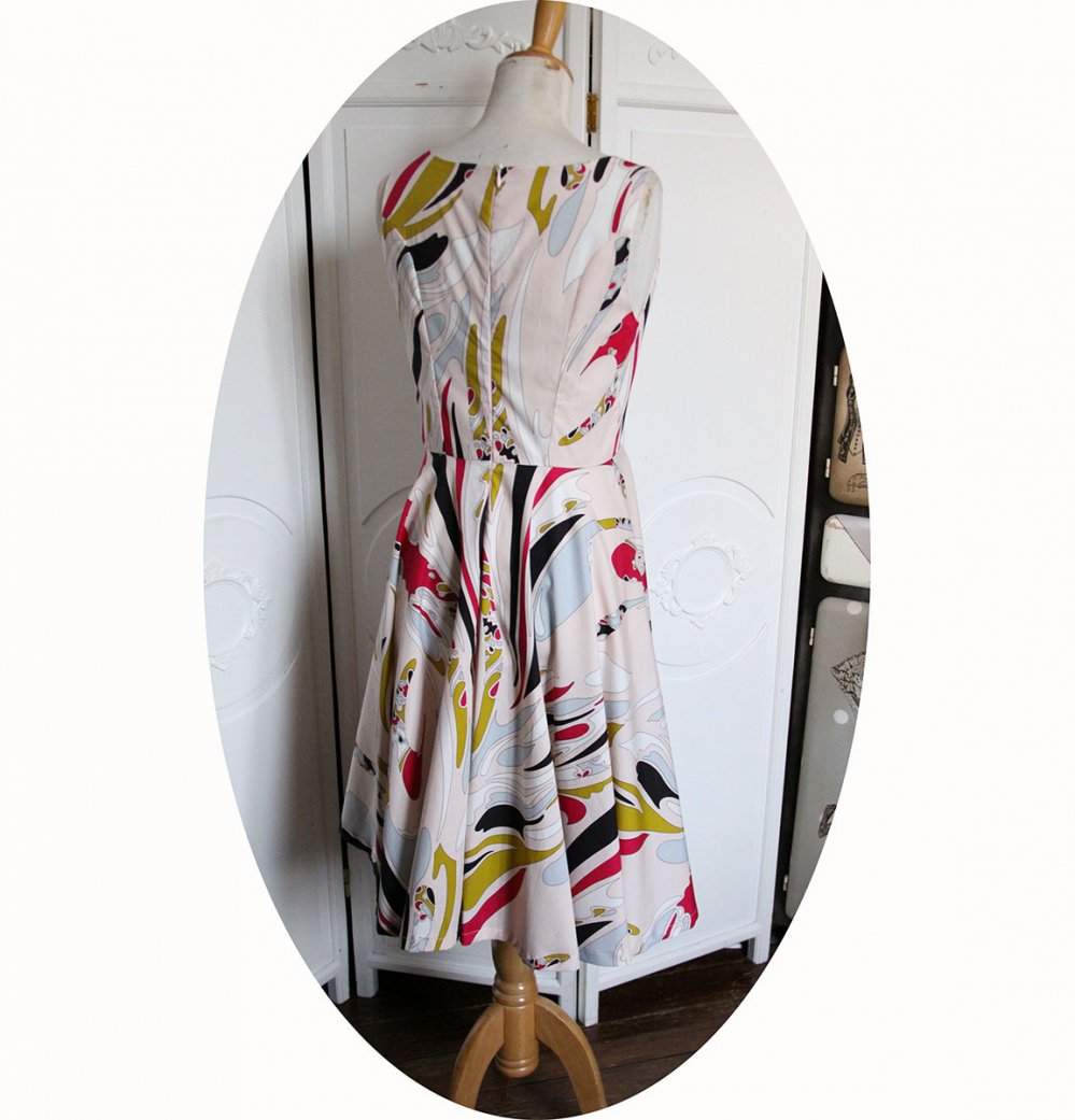 Robe rose colorée style fifties pin up sans manches a jupe corole en popeline--2226445725645