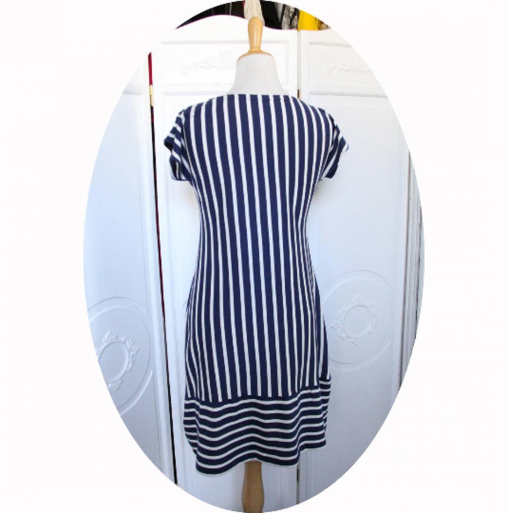 Robe simple courte et trapeze en jersey de coton marinière à rayures bleues et blanches--9995553204108