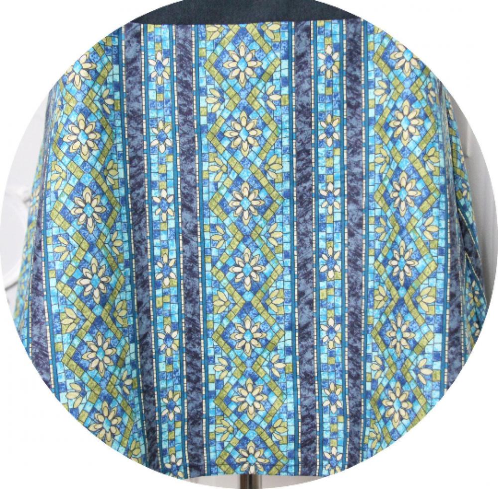 Robe sixties courte trapeze sans manches à décolleté carré en coton jean et imprime mozaique bleu vert--9995544068917