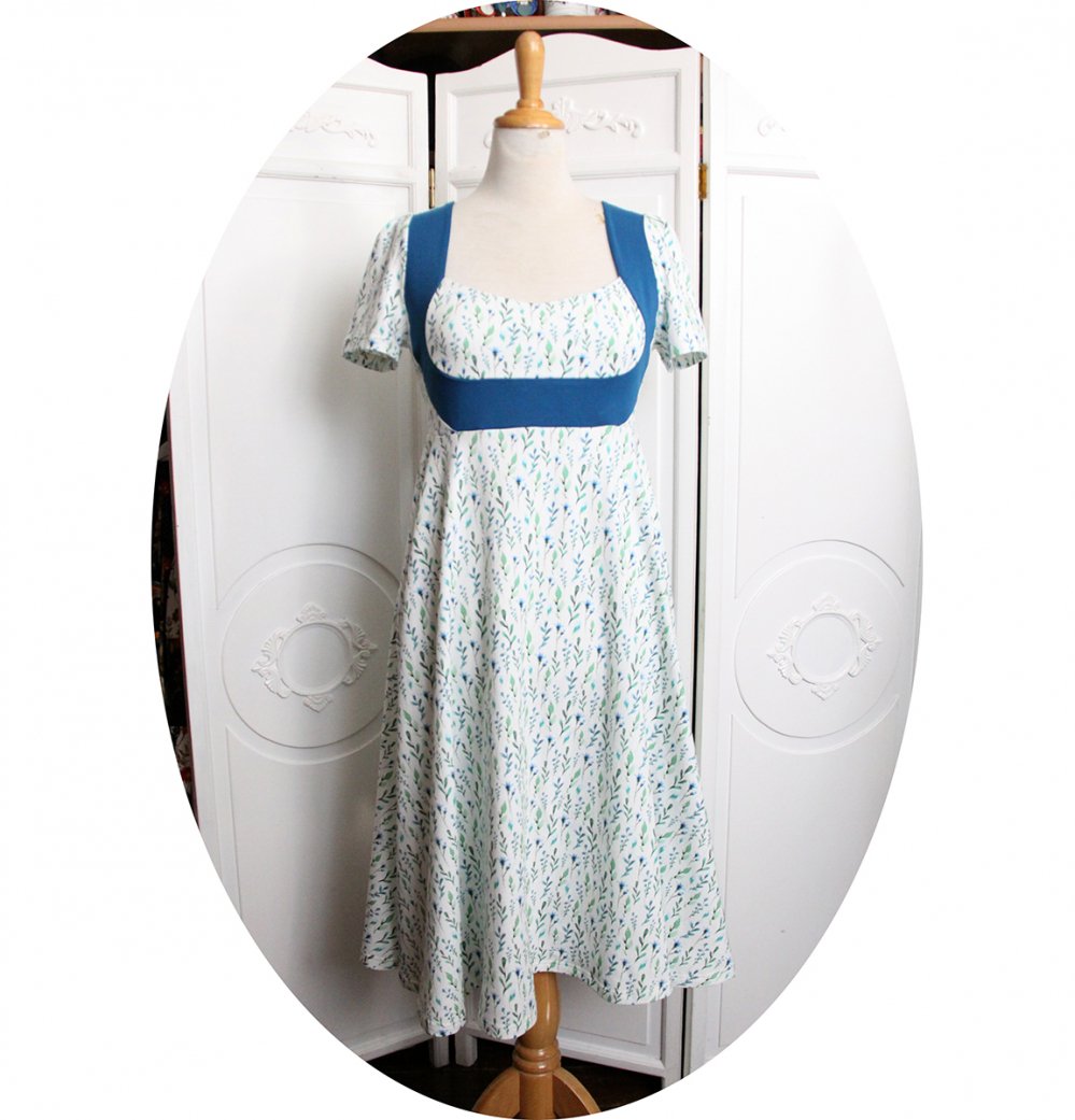 Robe taille Empire en jersey coton blanc imrimé fleurs bleues--2226233940021
